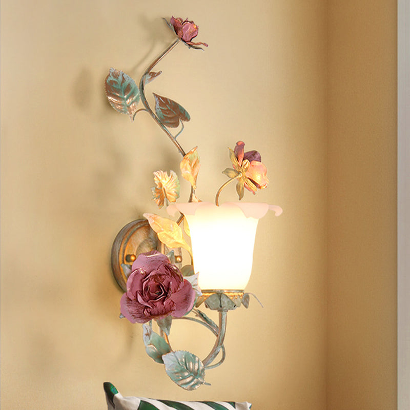 Flared Bedroom Wall Light Sconce Countryside Opal White Glass 1/2 Heads Green Flower Wall Lighting Fixture Clearhalo 'Wall Lamps & Sconces' 'Wall Lights' Lighting' 519684