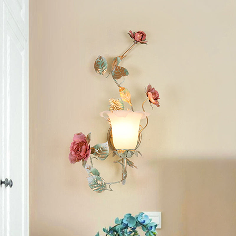 Flared Bedroom Wall Light Sconce Countryside Opal White Glass 1/2 Heads Green Flower Wall Lighting Fixture Clearhalo 'Wall Lamps & Sconces' 'Wall Lights' Lighting' 519685