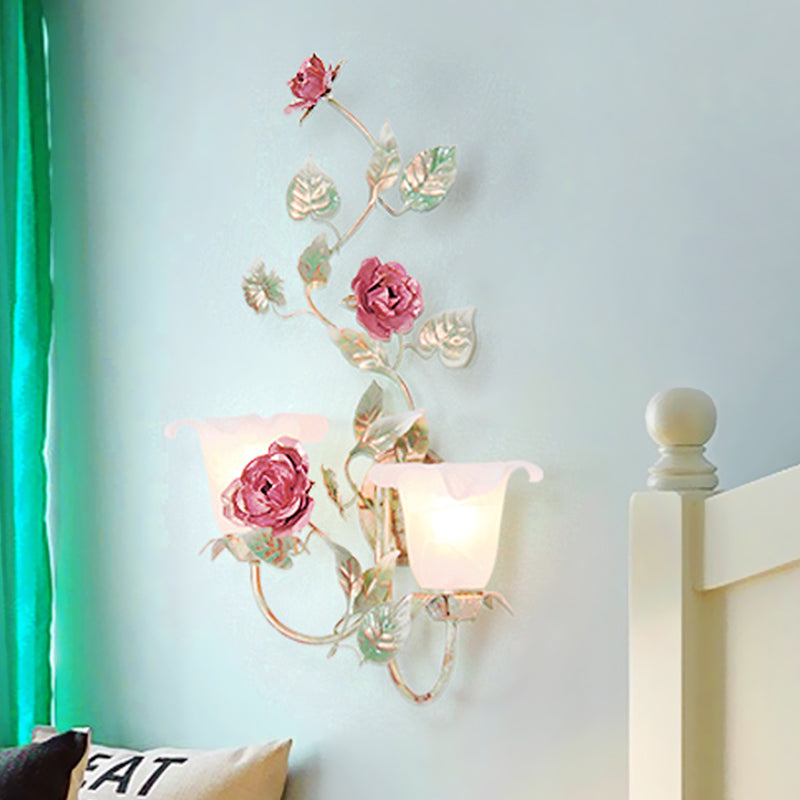 Flared Bedroom Wall Light Sconce Countryside Opal White Glass 1/2 Heads Green Flower Wall Lighting Fixture 2.0 Green Clearhalo 'Wall Lamps & Sconces' 'Wall Lights' Lighting' 519688