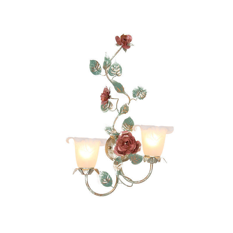 Flared Bedroom Wall Light Sconce Countryside Opal White Glass 1/2 Heads Green Flower Wall Lighting Fixture Clearhalo 'Wall Lamps & Sconces' 'Wall Lights' Lighting' 519690