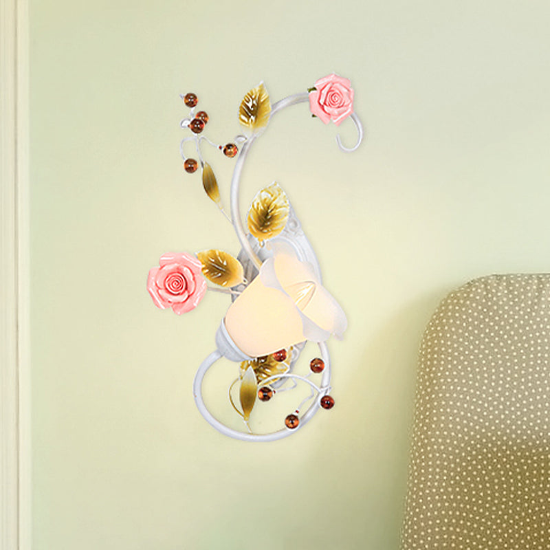 Country Curving Arm Sconce Light 1 Bulb Metal Rose Wall Lighting in White for Living Room, Left/Right Clearhalo 'Wall Lamps & Sconces' 'Wall Lights' Lighting' 519702