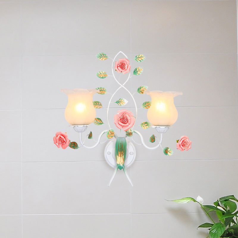 1/2 Bulbs Metal Sconce Fixture Pastoral White Flower Living Room Wall Mounted Lighting 2.0 White Clearhalo 'Wall Lamps & Sconces' 'Wall Lights' Lighting' 519709