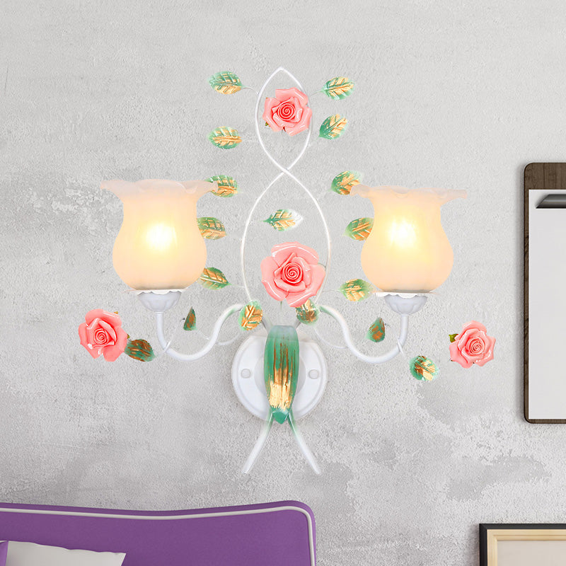 1/2 Bulbs Metal Sconce Fixture Pastoral White Flower Living Room Wall Mounted Lighting Clearhalo 'Wall Lamps & Sconces' 'Wall Lights' Lighting' 519710