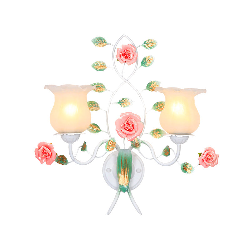 1/2 Bulbs Metal Sconce Fixture Pastoral White Flower Living Room Wall Mounted Lighting Clearhalo 'Wall Lamps & Sconces' 'Wall Lights' Lighting' 519711