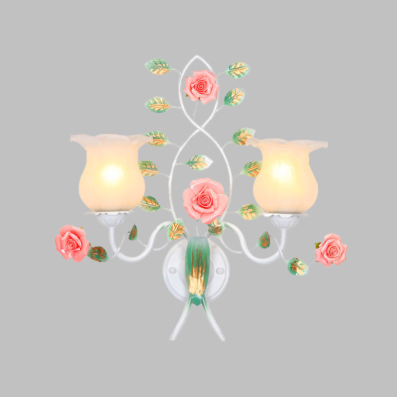 1/2 Bulbs Metal Sconce Fixture Pastoral White Flower Living Room Wall Mounted Lighting Clearhalo 'Wall Lamps & Sconces' 'Wall Lights' Lighting' 519712