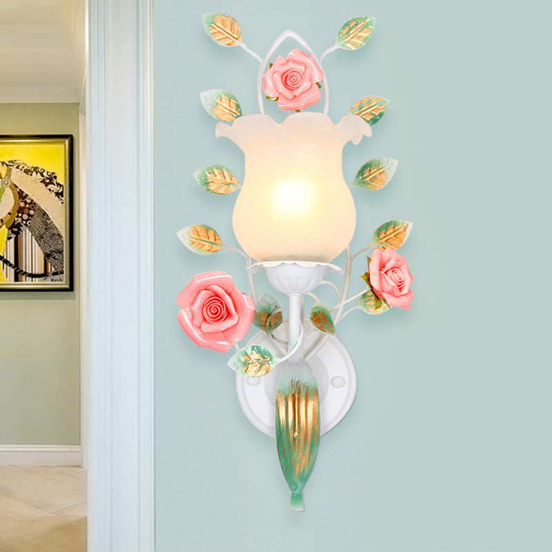 1/2 Bulbs Metal Sconce Fixture Pastoral White Flower Living Room Wall Mounted Lighting 1.0 White Clearhalo 'Wall Lamps & Sconces' 'Wall Lights' Lighting' 519714