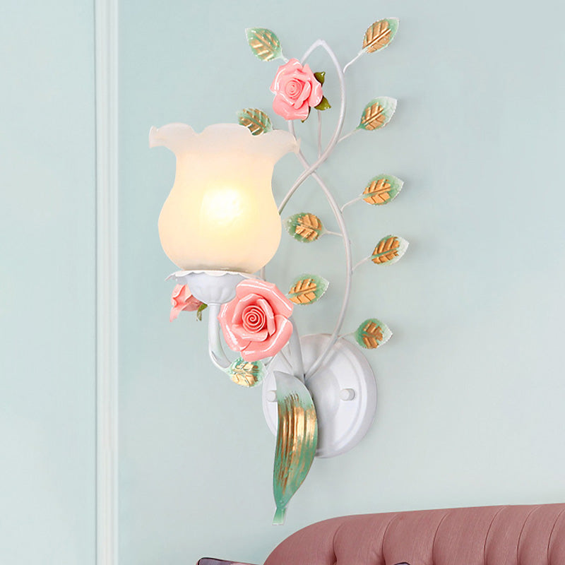 1/2 Bulbs Metal Sconce Fixture Pastoral White Flower Living Room Wall Mounted Lighting Clearhalo 'Wall Lamps & Sconces' 'Wall Lights' Lighting' 519715