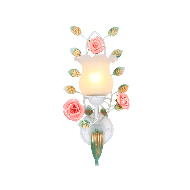 1/2 Bulbs Metal Sconce Fixture Pastoral White Flower Living Room Wall Mounted Lighting Clearhalo 'Wall Lamps & Sconces' 'Wall Lights' Lighting' 519716