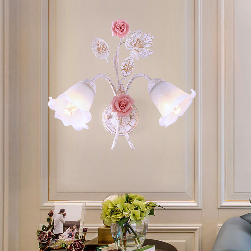 Flared Living Room Wall Sconce Romantic Pastoral Metal 1/2 Heads White Wall Lamp Fixture with Flower Decor 2.0 White Clearhalo 'Wall Lamps & Sconces' 'Wall Lights' Lighting' 519718