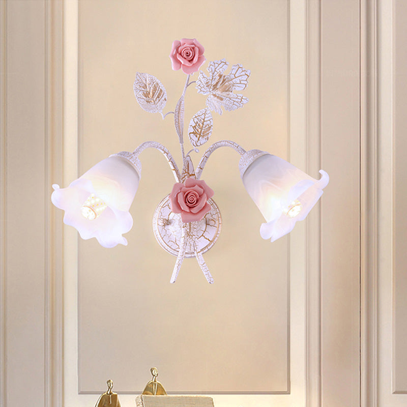 Flared Living Room Wall Sconce Romantic Pastoral Metal 1/2 Heads White Wall Lamp Fixture with Flower Decor Clearhalo 'Wall Lamps & Sconces' 'Wall Lights' Lighting' 519719