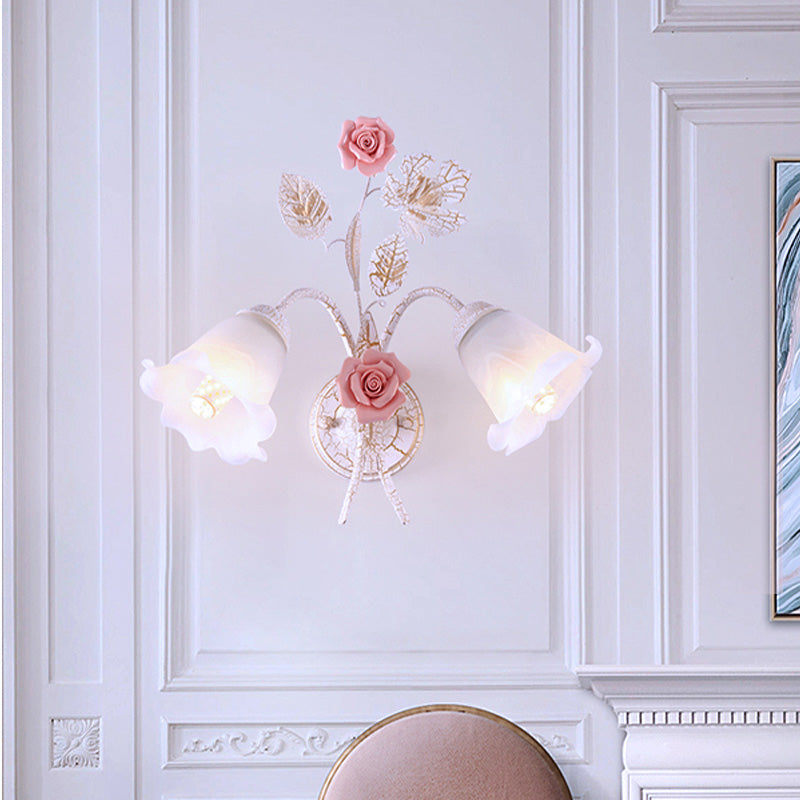 Flared Living Room Wall Sconce Romantic Pastoral Metal 1/2 Heads White Wall Lamp Fixture with Flower Decor Clearhalo 'Wall Lamps & Sconces' 'Wall Lights' Lighting' 519720