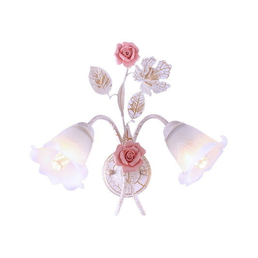 Flared Living Room Wall Sconce Romantic Pastoral Metal 1/2 Heads White Wall Lamp Fixture with Flower Decor Clearhalo 'Wall Lamps & Sconces' 'Wall Lights' Lighting' 519721