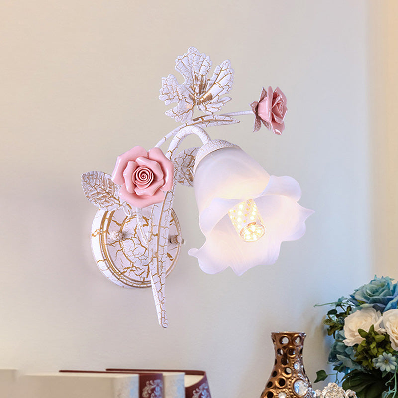 Flared Living Room Wall Sconce Romantic Pastoral Metal 1/2 Heads White Wall Lamp Fixture with Flower Decor 1.0 White Clearhalo 'Wall Lamps & Sconces' 'Wall Lights' Lighting' 519723