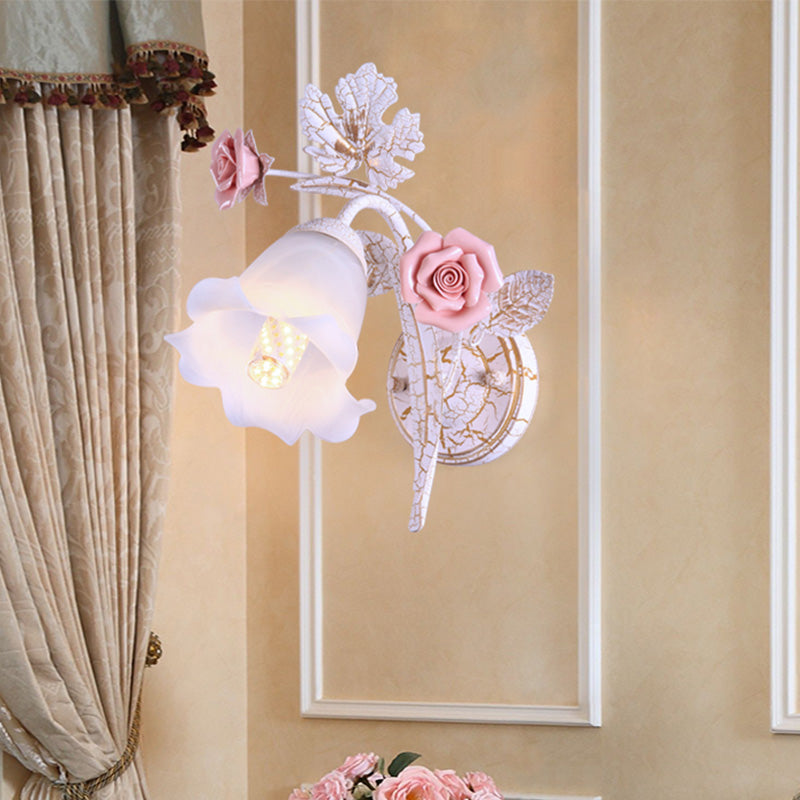 Flared Living Room Wall Sconce Romantic Pastoral Metal 1/2 Heads White Wall Lamp Fixture with Flower Decor Clearhalo 'Wall Lamps & Sconces' 'Wall Lights' Lighting' 519724