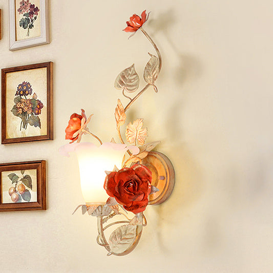 Coffee 1 Bulb Wall Lighting Korean Garden Metal Flared Wall Mount Light Fixture with Flower for Living Room Clearhalo 'Wall Lamps & Sconces' 'Wall Lights' Lighting' 519728