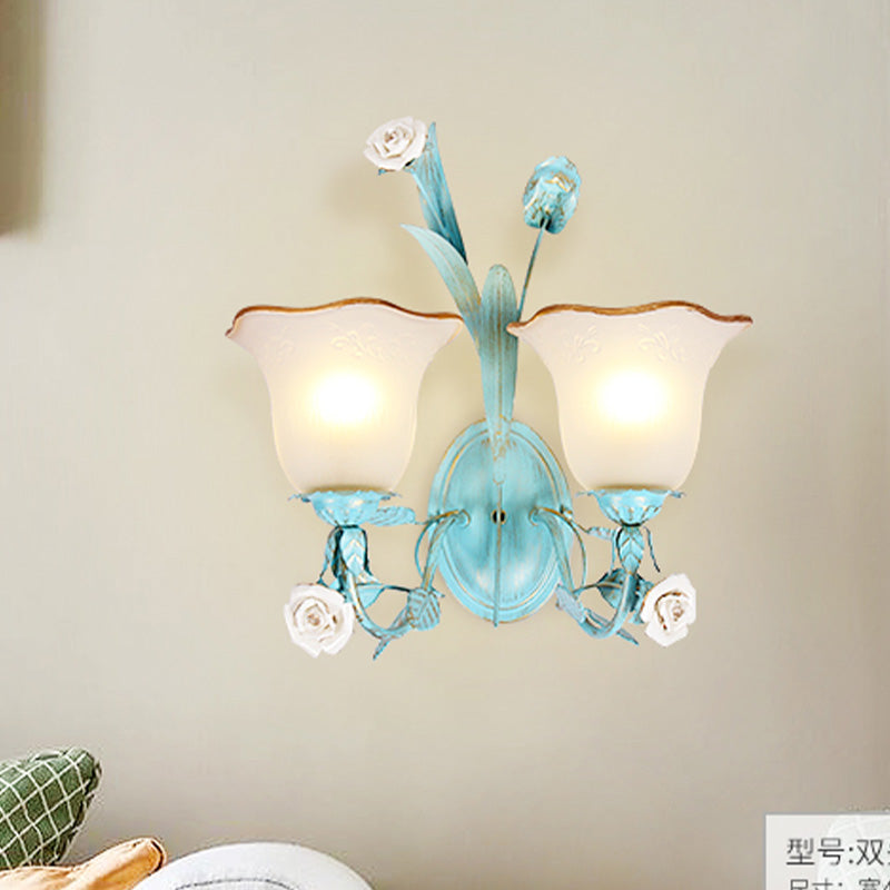 Metal Flared Wall Light Fixture Korean Garden 1/2 Lights Bedroom Rose Wall Sconce Lighting in Blue 2.0 Blue Clearhalo 'Wall Lamps & Sconces' 'Wall Lights' Lighting' 519732