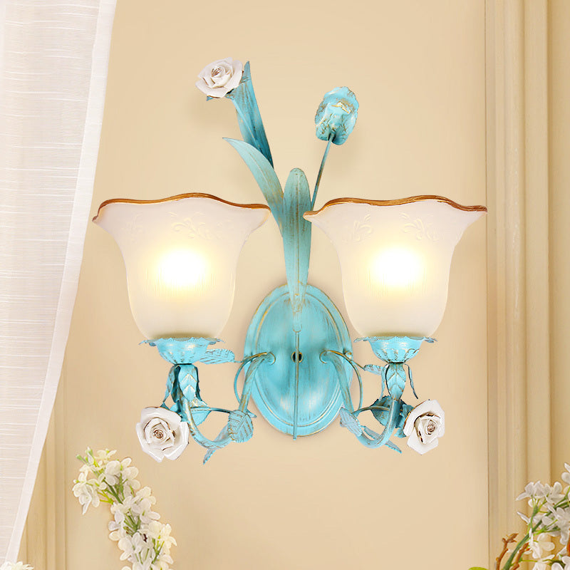 Metal Flared Wall Light Fixture Korean Garden 1/2 Lights Bedroom Rose Wall Sconce Lighting in Blue Clearhalo 'Wall Lamps & Sconces' 'Wall Lights' Lighting' 519733