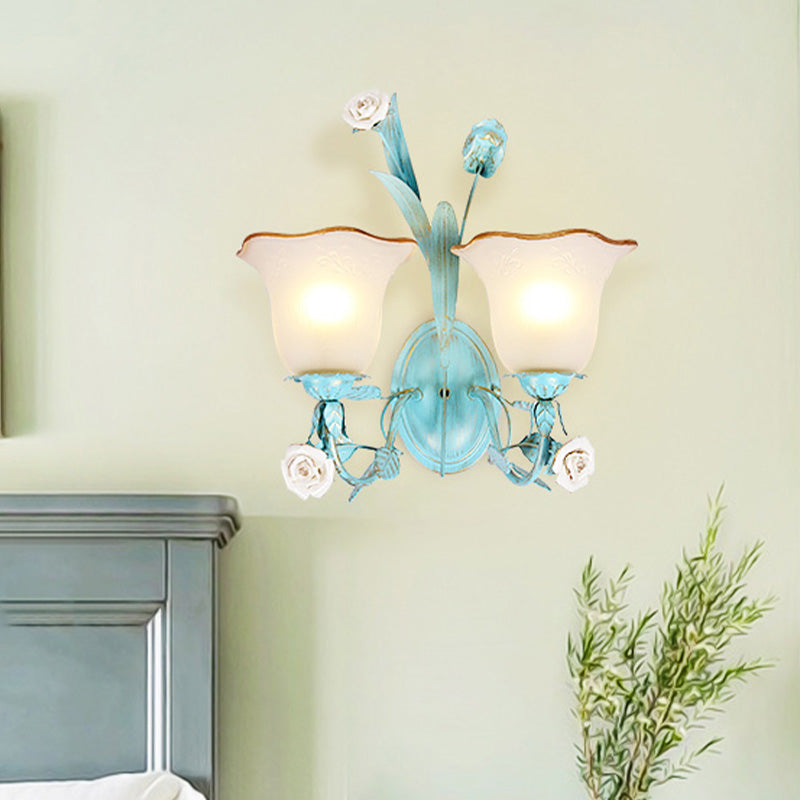 Metal Flared Wall Light Fixture Korean Garden 1/2 Lights Bedroom Rose Wall Sconce Lighting in Blue Clearhalo 'Wall Lamps & Sconces' 'Wall Lights' Lighting' 519734