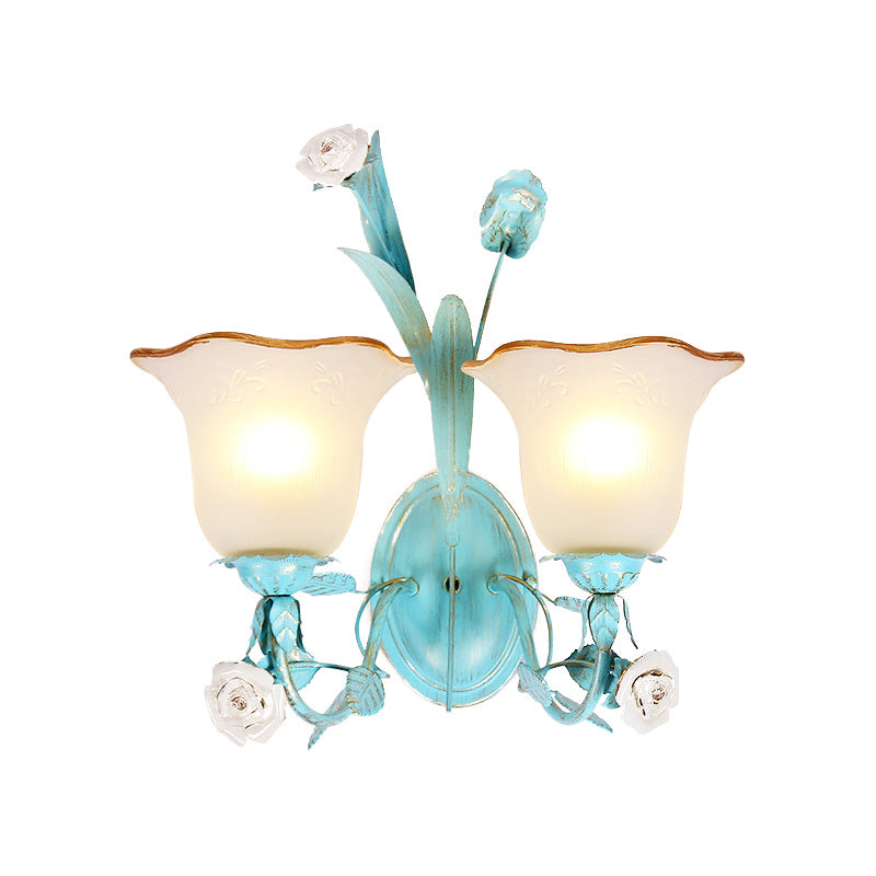 Metal Flared Wall Light Fixture Korean Garden 1/2 Lights Bedroom Rose Wall Sconce Lighting in Blue Clearhalo 'Wall Lamps & Sconces' 'Wall Lights' Lighting' 519735