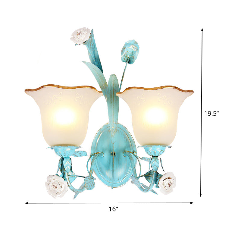 Metal Flared Wall Light Fixture Korean Garden 1/2 Lights Bedroom Rose Wall Sconce Lighting in Blue Clearhalo 'Wall Lamps & Sconces' 'Wall Lights' Lighting' 519736