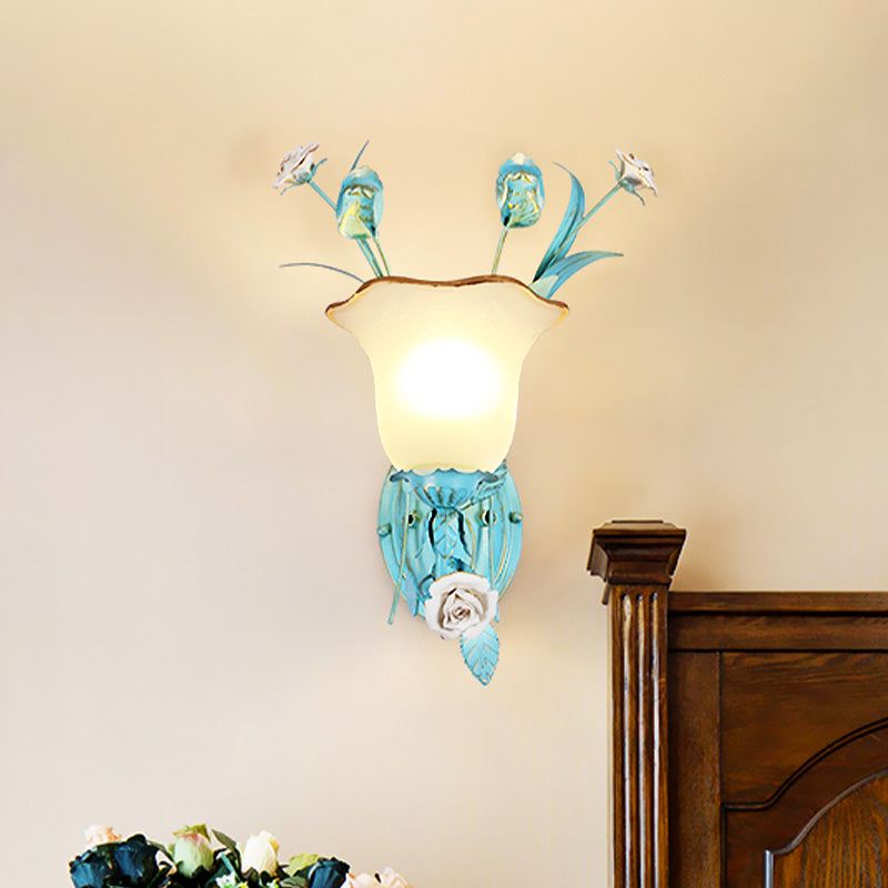 Metal Flared Wall Light Fixture Korean Garden 1/2 Lights Bedroom Rose Wall Sconce Lighting in Blue 1.0 Blue Clearhalo 'Wall Lamps & Sconces' 'Wall Lights' Lighting' 519737