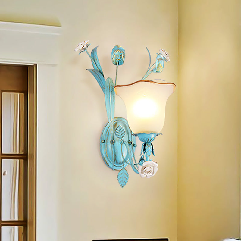 Metal Flared Wall Light Fixture Korean Garden 1/2 Lights Bedroom Rose Wall Sconce Lighting in Blue Clearhalo 'Wall Lamps & Sconces' 'Wall Lights' Lighting' 519738