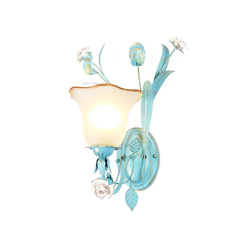 Metal Flared Wall Light Fixture Korean Garden 1/2 Lights Bedroom Rose Wall Sconce Lighting in Blue Clearhalo 'Wall Lamps & Sconces' 'Wall Lights' Lighting' 519739