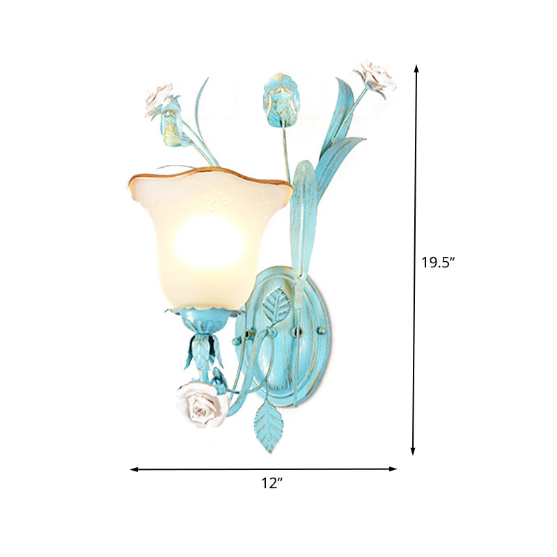 Metal Flared Wall Light Fixture Korean Garden 1/2 Lights Bedroom Rose Wall Sconce Lighting in Blue Clearhalo 'Wall Lamps & Sconces' 'Wall Lights' Lighting' 519740