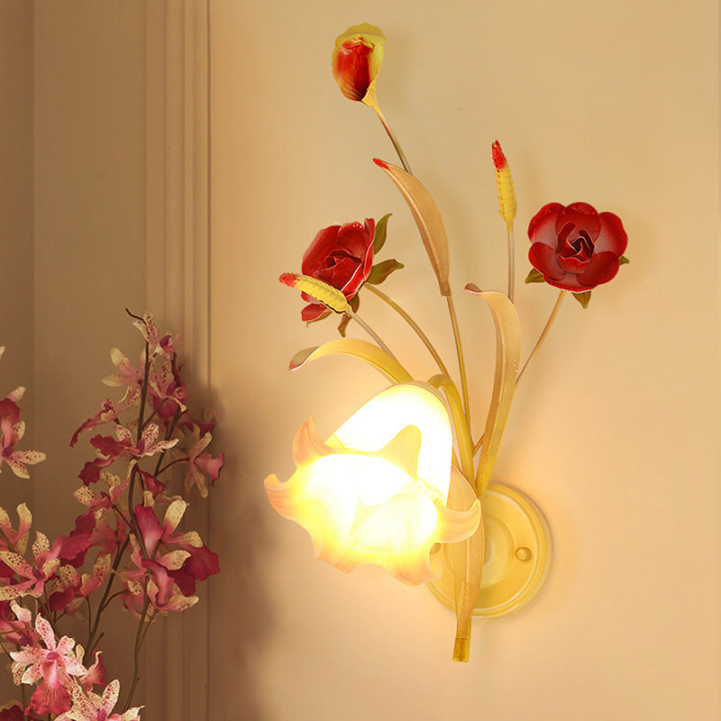 Pastoral Rose Wall Light Sconce 1/2 Bulbs Metal Wall Lamp Fixture in White for Bedroom 1.0 White Clearhalo 'Wall Lamps & Sconces' 'Wall Lights' Lighting' 519741