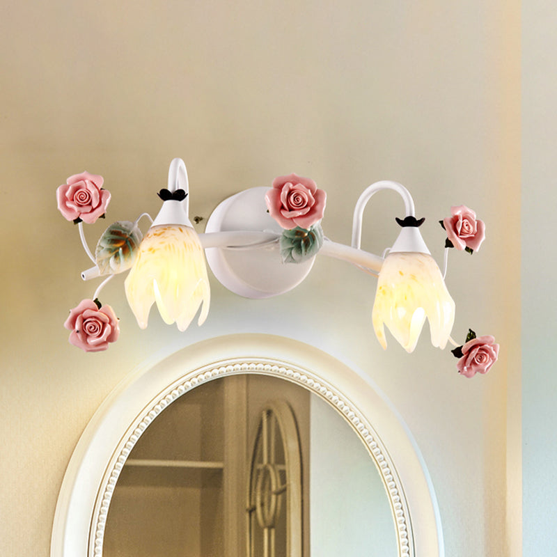 White 2/3 Heads Vanity Sconce Country Style Metal Rose Wall Mounted Lamp for Bathroom 2.0 White Clearhalo 'Vanity Lights' 'Wall Lights' Lighting' 519779