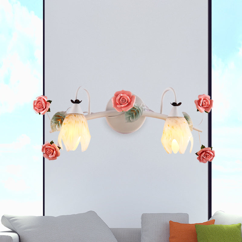 White 2/3 Heads Vanity Sconce Country Style Metal Rose Wall Mounted Lamp for Bathroom Clearhalo 'Vanity Lights' 'Wall Lights' Lighting' 519780