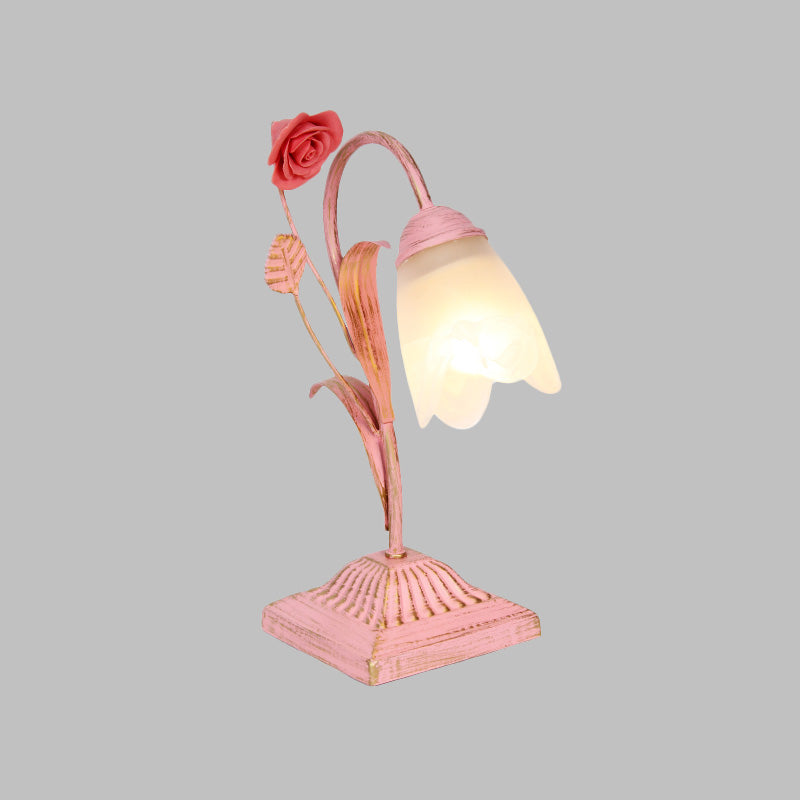 Pastoral Floral Nightstand Light 1-Bulb Metal Night Table Lighting in Blue/Pink for Study Room Clearhalo 'Lamps' 'Table Lamps' Lighting' 519807