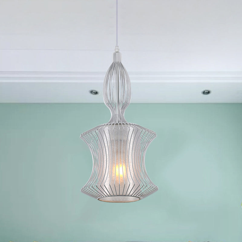 Silver Lantern Cage Pendant Light Modern 1 Light Metal Hanging Ceiling Light with Cylinder Shade Inside Clearhalo 'Ceiling Lights' 'Modern Pendants' 'Modern' 'Pendant Lights' 'Pendants' Lighting' 519862