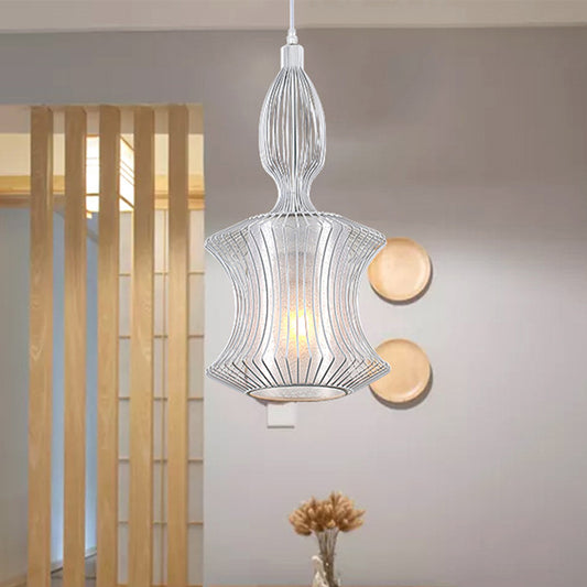 Silver Lantern Cage Pendant Light Modern 1 Light Metal Hanging Ceiling Light with Cylinder Shade Inside Clearhalo 'Ceiling Lights' 'Modern Pendants' 'Modern' 'Pendant Lights' 'Pendants' Lighting' 519863