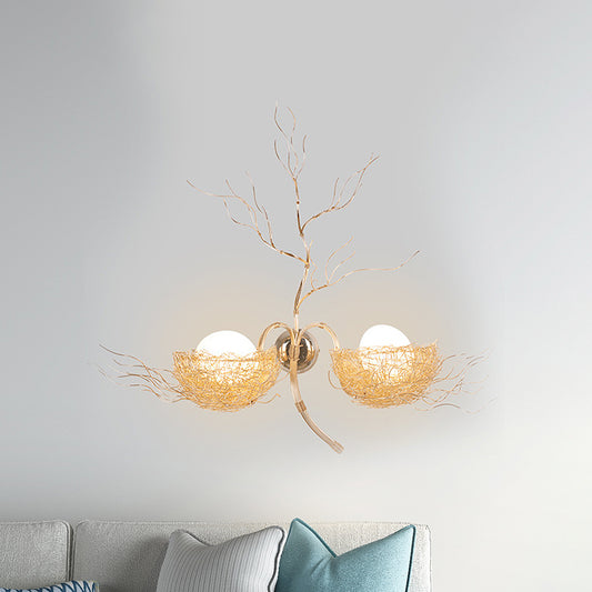 Egg Sconce Light with Gold Nest Design Postmodern White Glass 1 Light Bedside Wall Mounted Light, 19.5"/25.5" Wide Clearhalo 'Wall Lamps & Sconces' 'Wall Lights' Lighting' 519878