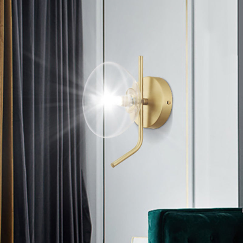 Clear Glass Dome Wall Mounted Light Postmodern 1 Light Sconce Light with Gold Arm Clearhalo 'Cast Iron' 'Glass' 'Industrial' 'Modern wall lights' 'Modern' 'Tiffany' 'Traditional wall lights' 'Wall Lamps & Sconces' 'Wall Lights' Lighting' 519886