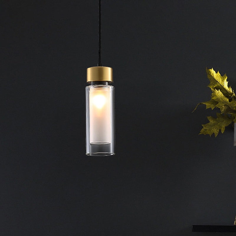 Minimalist 1 Light Hanging Lamp with Clear and Inner White Glass Shade Brass Cylindrical Pendant Clearhalo 'Ceiling Lights' 'Glass shade' 'Glass' 'Modern Pendants' 'Modern' 'Pendant Lights' 'Pendants' Lighting' 519907