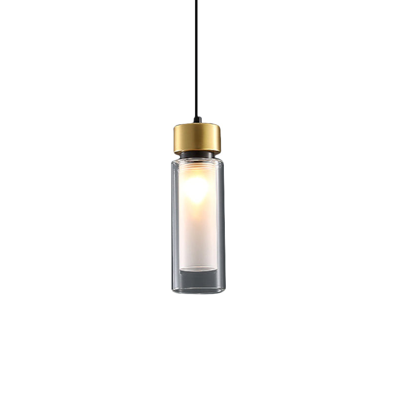 Minimalist 1 Light Hanging Lamp with Clear and Inner White Glass Shade Brass Cylindrical Pendant Clearhalo 'Ceiling Lights' 'Glass shade' 'Glass' 'Modern Pendants' 'Modern' 'Pendant Lights' 'Pendants' Lighting' 519908