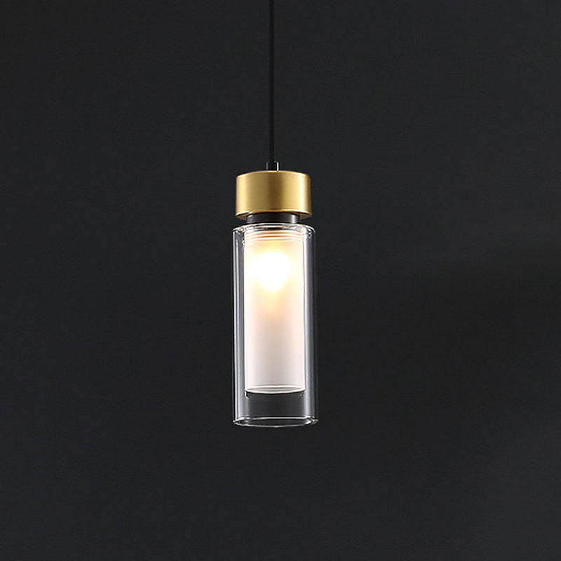 Minimalist 1 Light Hanging Lamp with Clear and Inner White Glass Shade Brass Cylindrical Pendant Clearhalo 'Ceiling Lights' 'Glass shade' 'Glass' 'Modern Pendants' 'Modern' 'Pendant Lights' 'Pendants' Lighting' 519909