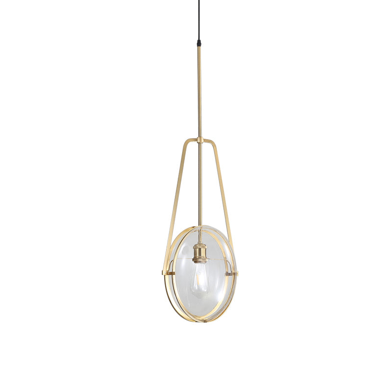 Brass Oval Pendant Light Contemporary 1-Light Clear Glass Ceiling Lamp with Forked Halberd Frame Clearhalo 'Ceiling Lights' 'Glass shade' 'Glass' 'Modern Pendants' 'Modern' 'Pendant Lights' 'Pendants' Lighting' 519920