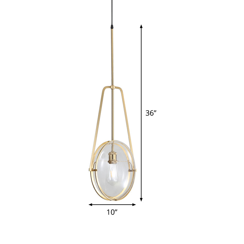 Brass Oval Pendant Light Contemporary 1-Light Clear Glass Ceiling Lamp with Forked Halberd Frame Clearhalo 'Ceiling Lights' 'Glass shade' 'Glass' 'Modern Pendants' 'Modern' 'Pendant Lights' 'Pendants' Lighting' 519922