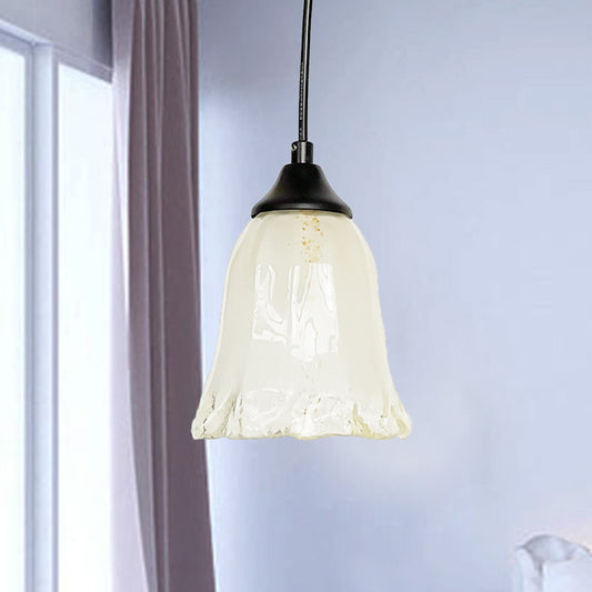 1 Light Living Room Hanging Light Modernist Black Pendant Lamp with Flower White Glass Shade White Clearhalo 'Ceiling Lights' 'Glass shade' 'Glass' 'Modern Pendants' 'Modern' 'Pendant Lights' 'Pendants' Lighting' 519928