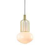 Gold Schoolhouse Pendant Light Fixture Modernist 1 Bulb White Glass Ceiling Lamp with Cage Clearhalo 'Ceiling Lights' 'Glass shade' 'Glass' 'Modern Pendants' 'Modern' 'Pendant Lights' 'Pendants' Lighting' 519948