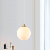 Frosted White Glass Ball Pendant Lighting Simple 1-Light 6"/8"/10" Wide Brass Suspension Ceiling Lamp Clearhalo 'Ceiling Lights' 'Glass shade' 'Glass' 'Modern Pendants' 'Modern' 'Pendant Lights' 'Pendants' Lighting' 519957