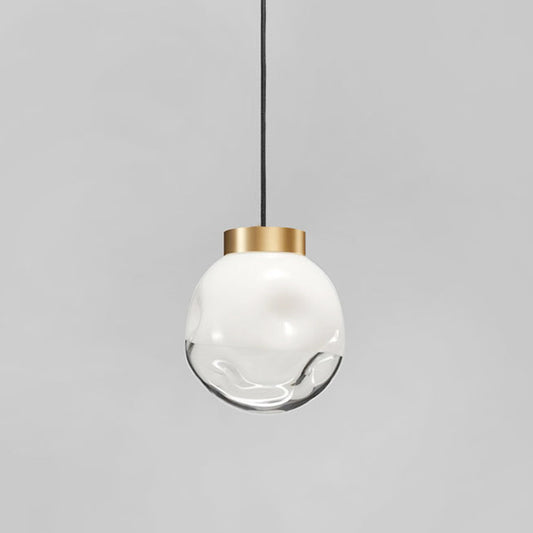 Modern Globe Hanging Lamp White and Clear Dimpled Glass 1-Head Bedside Pendant Ceiling Light in Brass Clearhalo 'Ceiling Lights' 'Glass shade' 'Glass' 'Modern Pendants' 'Modern' 'Pendant Lights' 'Pendants' Lighting' 519976
