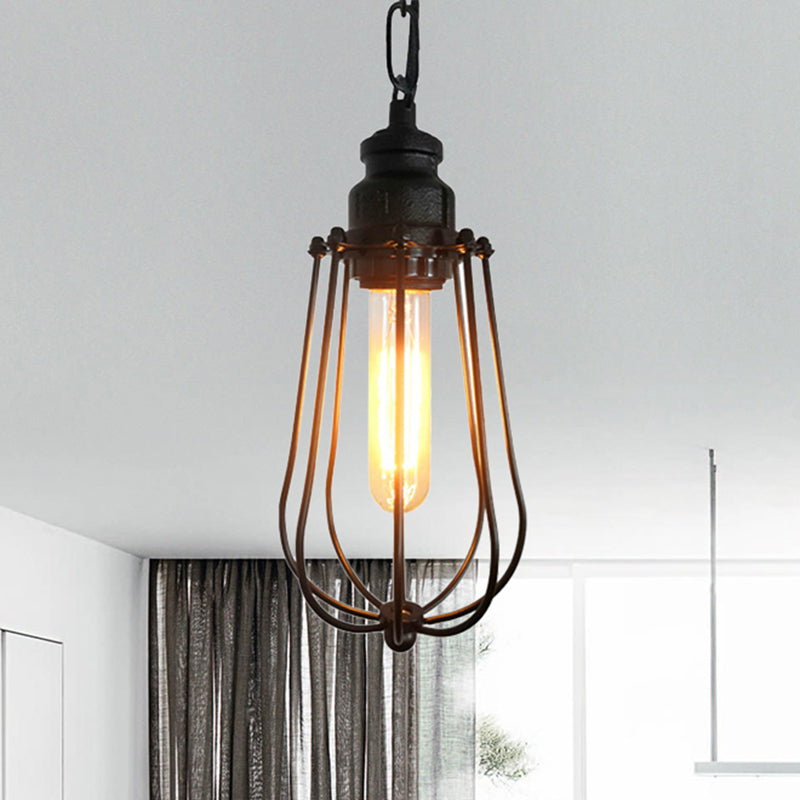 1 Light Bedroom Ceiling Fixture Vintage Black/Rust Pendant Lamp with Caged Metal Shade Clearhalo 'Art Deco Pendants' 'Black' 'Cast Iron' 'Ceiling Lights' 'Ceramic' 'Crystal' 'Industrial Pendants' 'Industrial' 'Metal' 'Middle Century Pendants' 'Pendant Lights' 'Pendants' 'Rustic Pendants' 'Tiffany' Lighting' 519979