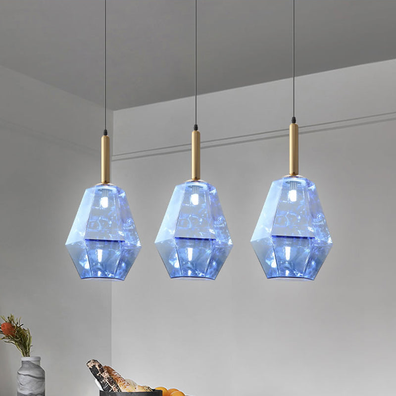 Diamond Blue Glass Hanging Light Kit Contemporary 1 Light Brass LED Pendant Light Fixture Blue Clearhalo 'Ceiling Lights' 'Glass shade' 'Glass' 'Modern Pendants' 'Modern' 'Pendant Lights' 'Pendants' Lighting' 520010