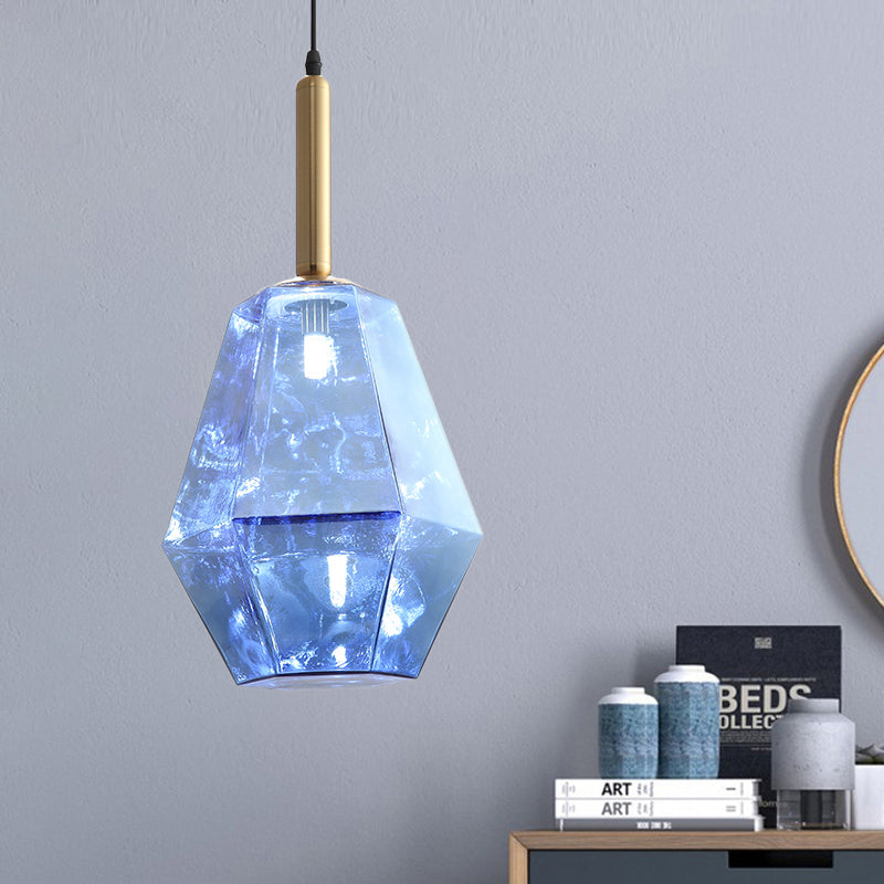 Diamond Blue Glass Hanging Light Kit Contemporary 1 Light Brass LED Pendant Light Fixture Clearhalo 'Ceiling Lights' 'Glass shade' 'Glass' 'Modern Pendants' 'Modern' 'Pendant Lights' 'Pendants' Lighting' 520011