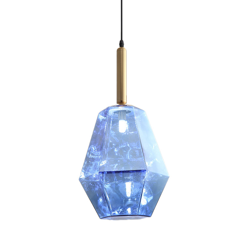 Diamond Blue Glass Hanging Light Kit Contemporary 1 Light Brass LED Pendant Light Fixture Clearhalo 'Ceiling Lights' 'Glass shade' 'Glass' 'Modern Pendants' 'Modern' 'Pendant Lights' 'Pendants' Lighting' 520012