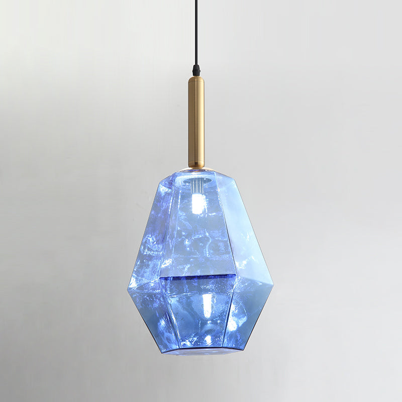 Diamond Blue Glass Hanging Light Kit Contemporary 1 Light Brass LED Pendant Light Fixture Clearhalo 'Ceiling Lights' 'Glass shade' 'Glass' 'Modern Pendants' 'Modern' 'Pendant Lights' 'Pendants' Lighting' 520013